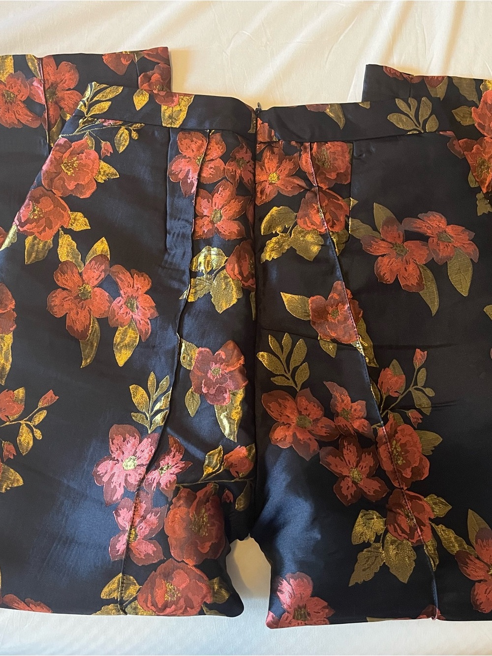 Blue Floral Satin Shorts with Pink & Gold Blooms